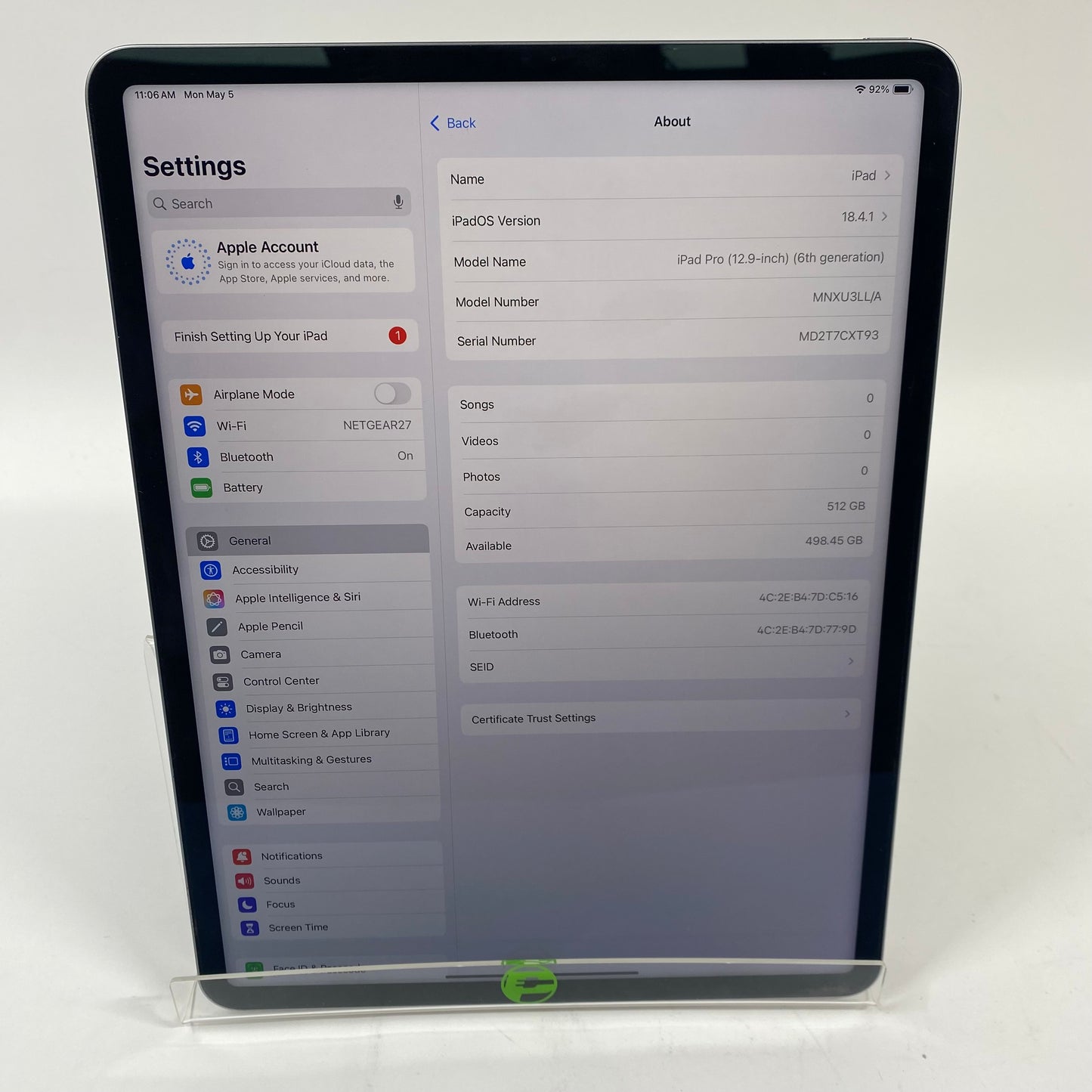 WiFi Only Apple iPad Pro 12.9" 6th Gen 512GB 18.4.1 Space Gray MNXU3LL/A