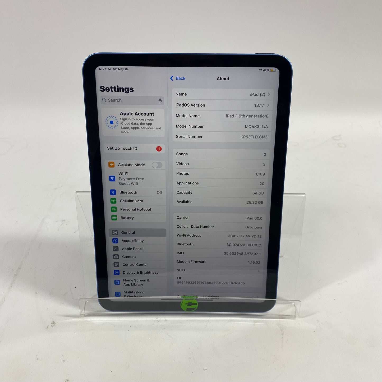Unlocked Apple iPad 10th Gen 64GB 18.1.1 BLUE MQ6K3LL/A