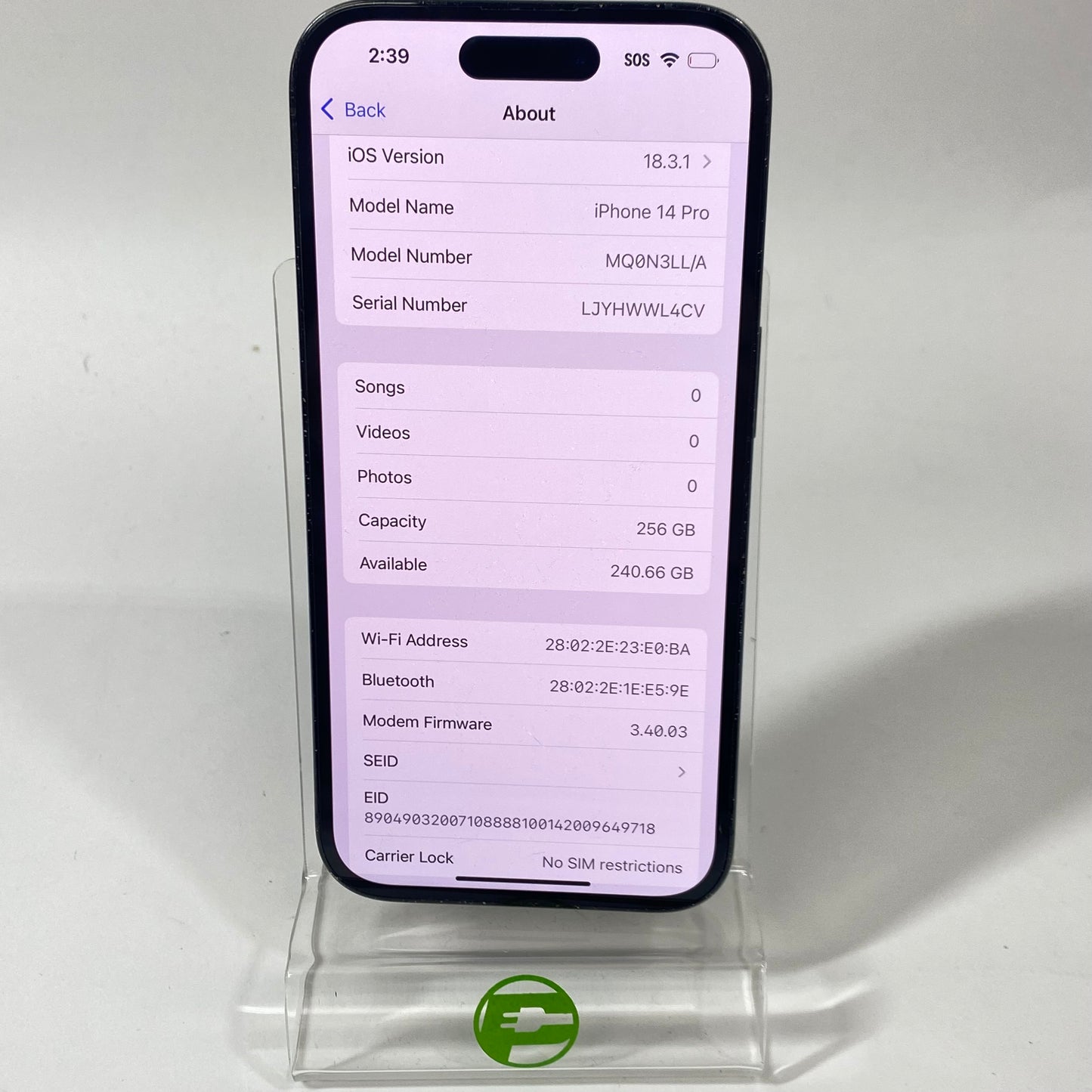 Unlocked Apple iPhone 14 Pro 256GB 18.3.1 SPACE BLACK MQ0N3LL/A