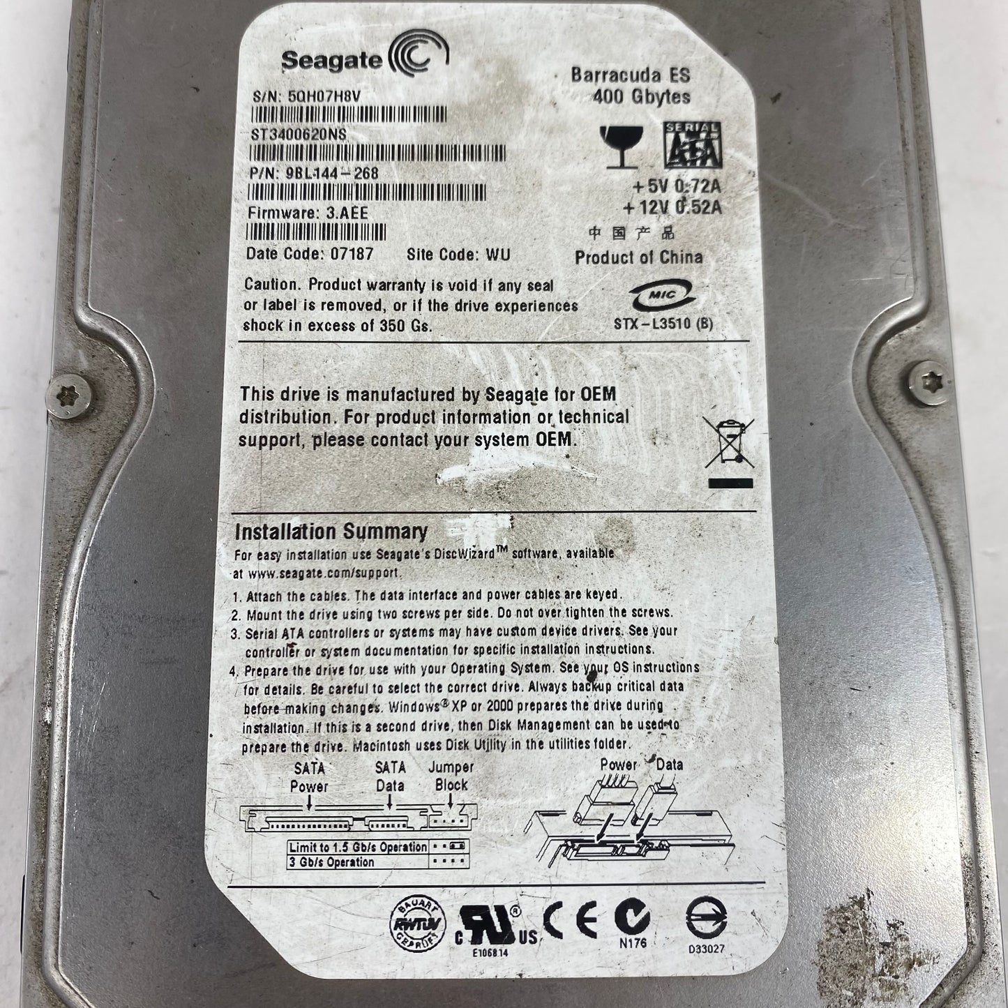 Seagate 3.5" Barracuda ES 400GB SATA III 6Gbps HDD ST3400620NS