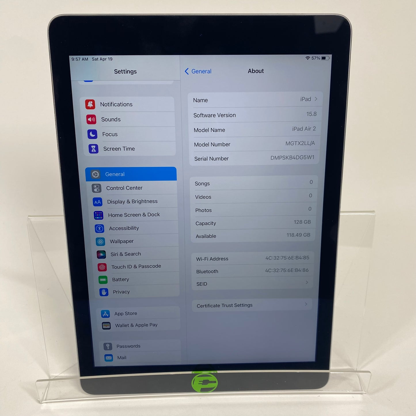 WiFi Only Apple iPad Air 2nd Gen 128GB 15.8 SPACE GRAY MGTX2LL/A