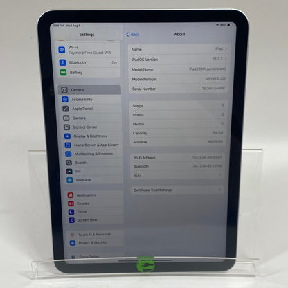 WiFi Only Apple iPad 10th Gen 64GB 18.3.2 SILVER MPQ03LL/A