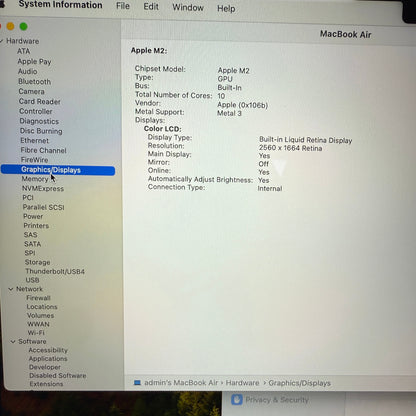 2022 Apple MacBook Air 13.6" M2 10C GPU 3.5GHz 8GB RAM 512GB SSD A2681