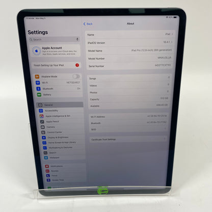 WiFi Only Apple iPad Pro 12.9" 6th Gen 512GB 18.4.1 Space Gray MNXU3LL/A