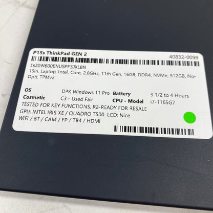 Lenovo ThinkPad P15s Gen 2 15.6" i7-1165G7 2.8GHz 16GB RAM 512GB SSD T500