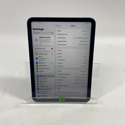 Unlocked Apple iPad 10th Gen 64GB 18.1.1 BLUE MQ6K3LL/A