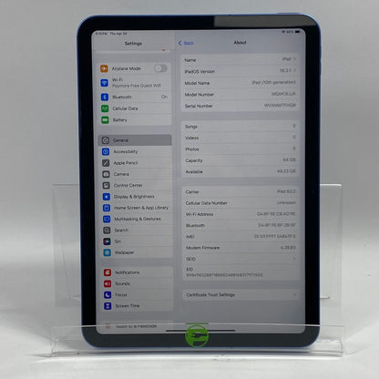 Unlocked Apple iPad 10th Gen 64GB 18.3.1 BLUE MQ6K3LL/A