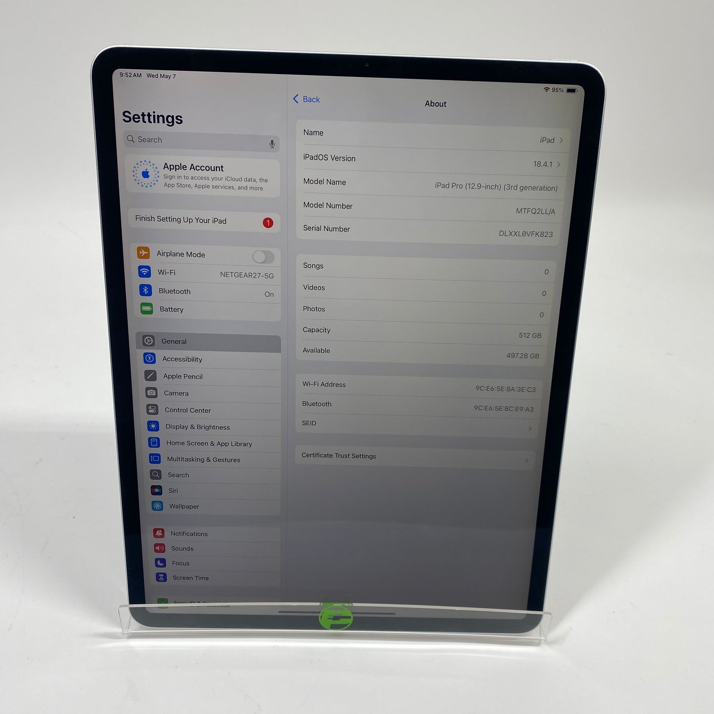 WiFi Only Apple iPad Pro 12.9" 3rd Gen 512GB 18.0 SILVER MTFQ2LL/A