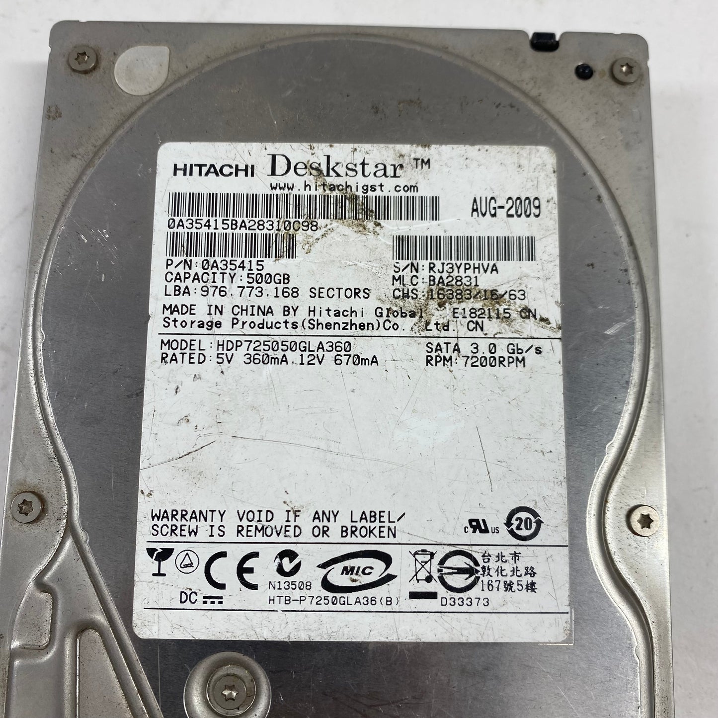 Hitachi 2.5" DeskStar 500GB SATA III 6Gbps HDD 0A35415BA28310C98